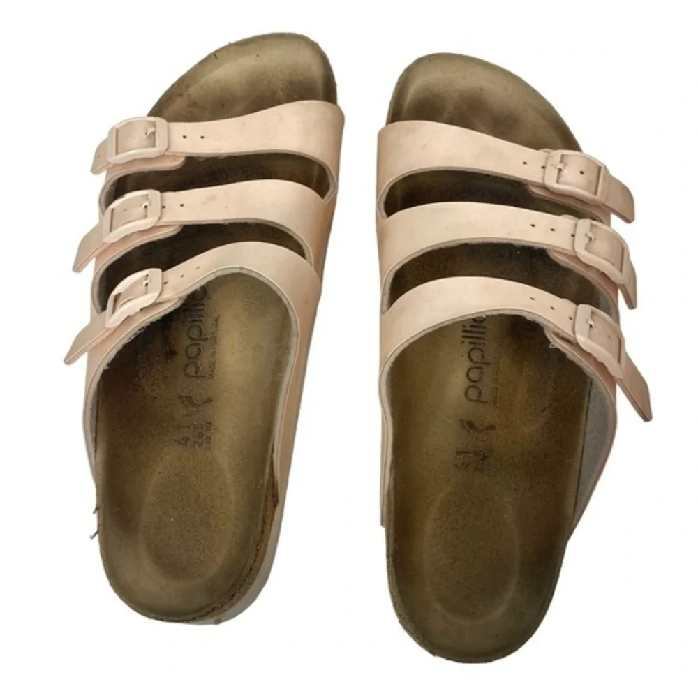 Birkenstock Papillo Metallic Pink Arizona sandals Slip On 3 Strap Leather Slides - Picture 12 of 12